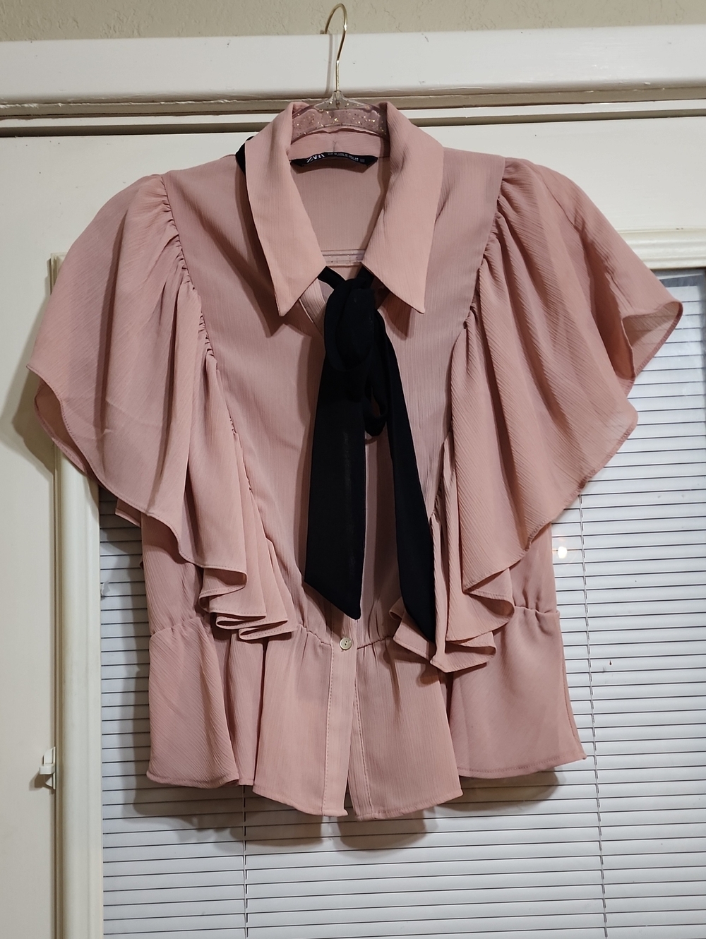 Zara Pink Ruffle Sleeve Blouse with Black Tie